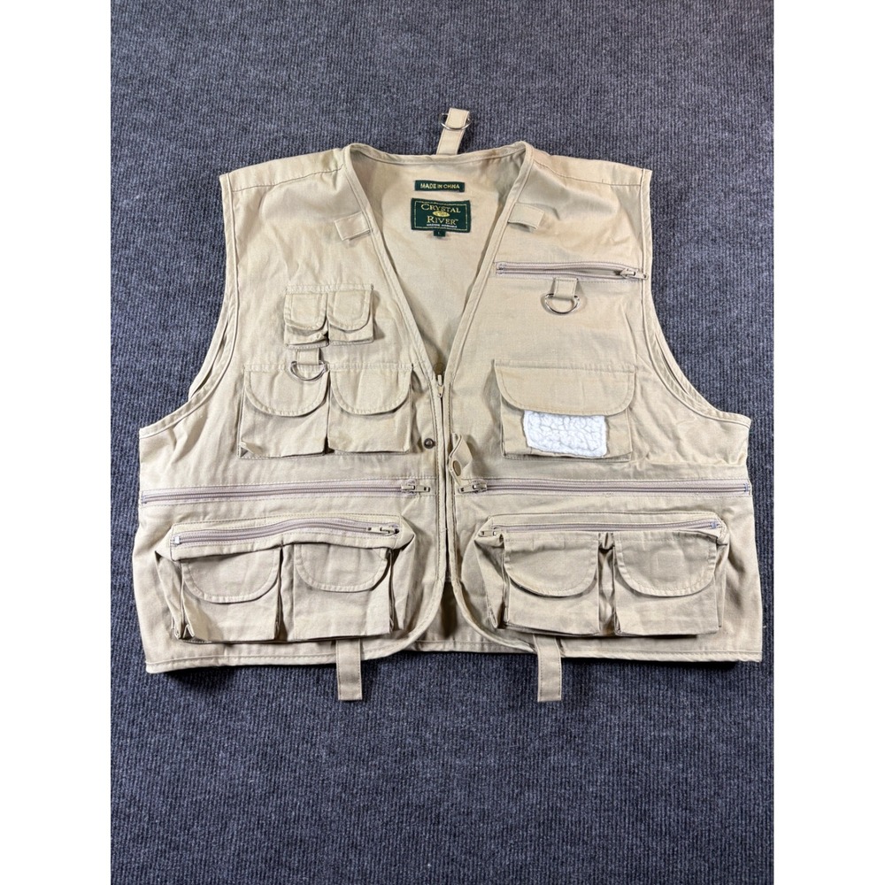 Crystal River Mens‎ Large Tan Khaki Multi Pocket Fishing Utility Vest Fly Patch